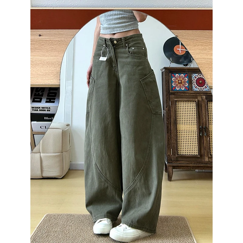 大口袋高个子军绿色弯刀牛仔裤女秋季新款复古水洗显瘦拖地阔腿裤