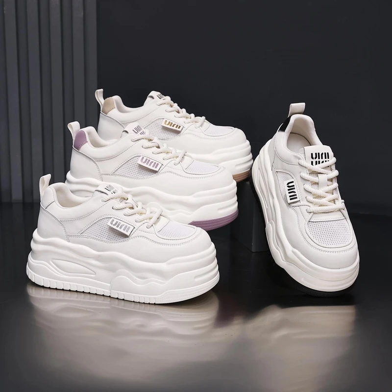 万达撤柜真皮7cm厚底增高小白鞋女欧若风2025网面百搭小个子运动