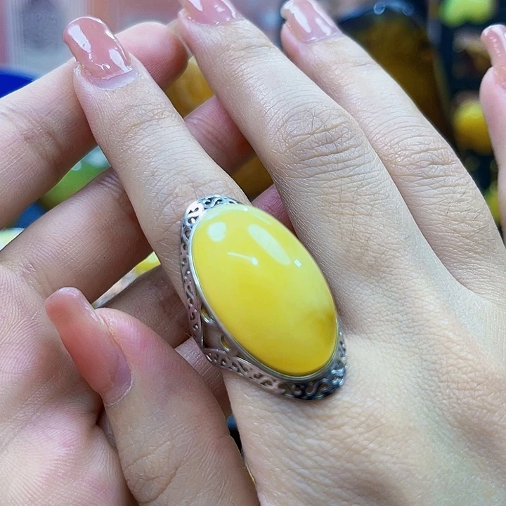 琥珀银S925镶嵌颈饰戒指