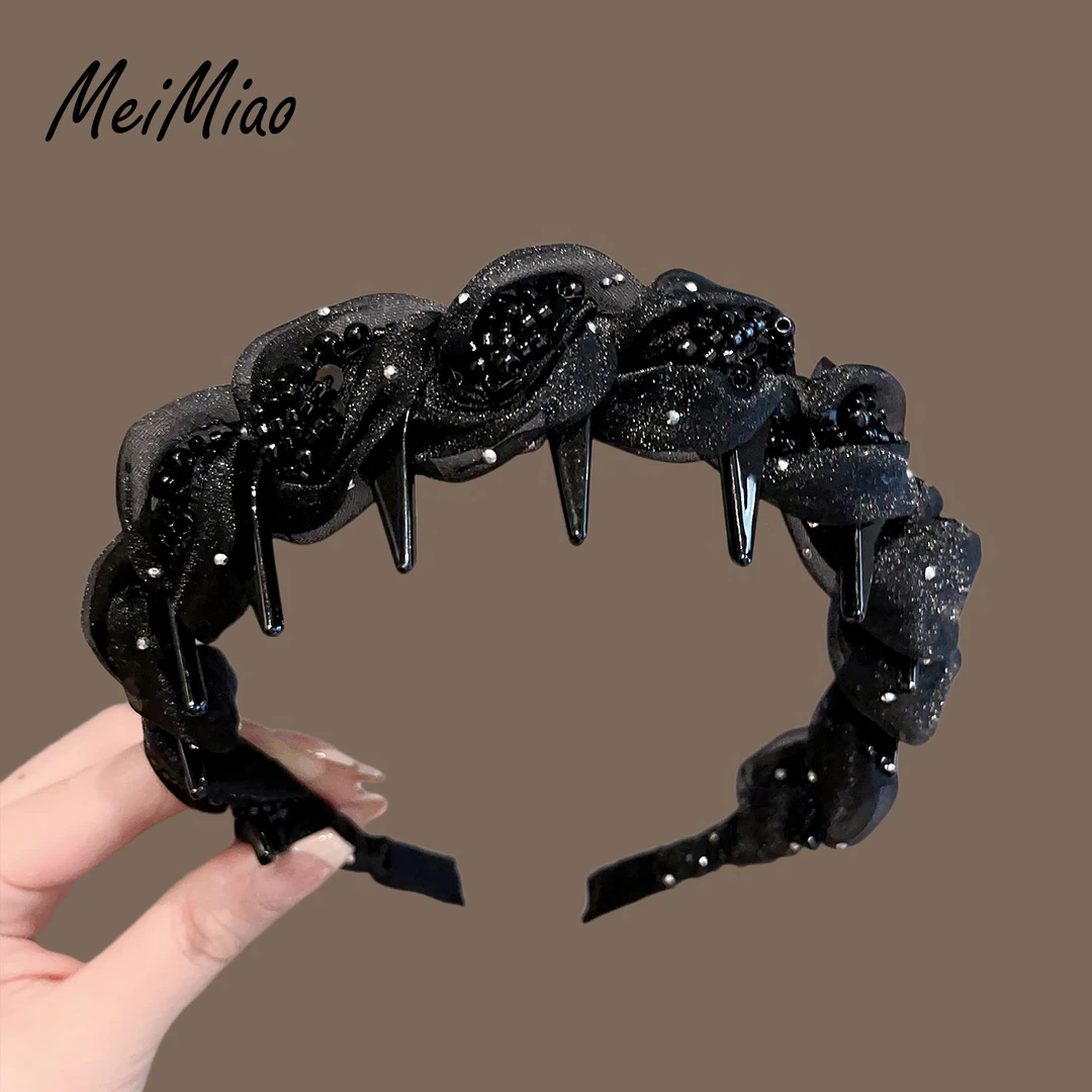 高级感时尚洋气串珠水晶麻花辫发箍高颅顶带齿头箍轻奢压发发捆