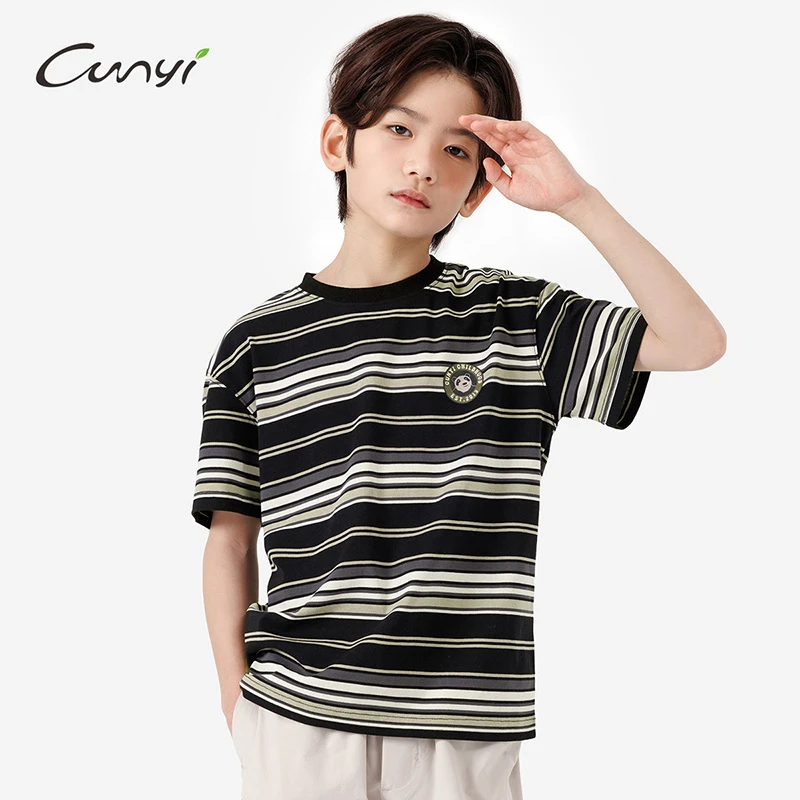 纯一良品童装儿童短袖T恤2025夏季新款中大童休闲条纹撞色上衣