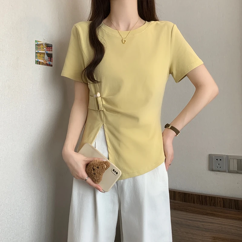 J大码夏季设计感小众开叉短袖T恤女不规则遮肚子显瘦时尚百搭上衣