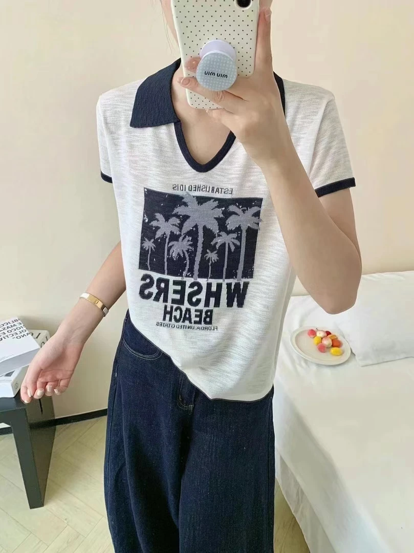 【大码】922宽松薄款polo领字母提花针织T恤透气针织短袖上衣女