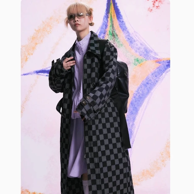 Oink oink 原创设计复古翻领大廓型扎染格子长款牛仔风衣外套女