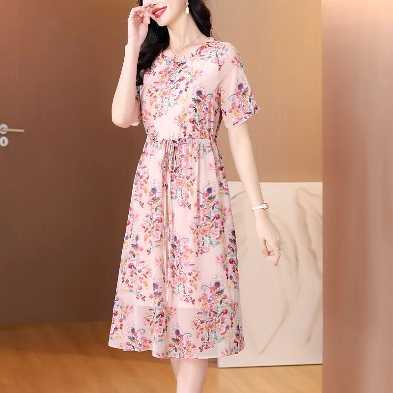 时尚浪漫粉色碎花连衣裙温柔甜美仙女风收腰显瘦长裙约会度假裙女