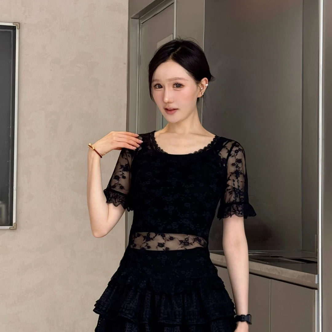 网纱性感蕾丝透视花边性感短袖气质收腰T恤弹力显瘦修身短款百搭