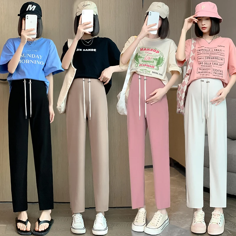 孕妇裤春秋款外穿2025春夏冰丝薄款九分裤宽松直筒裤哈伦裤