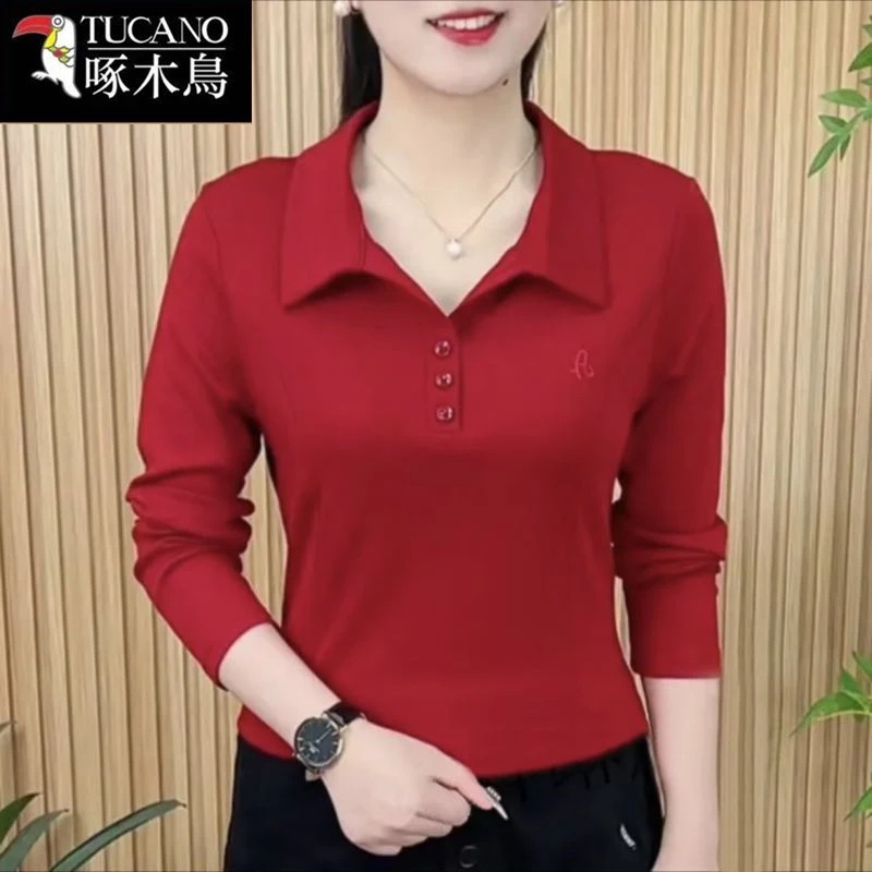 啄木鸟正品新款翻领套头长袖打底衫2025春秋网红洋气女士内搭上衣