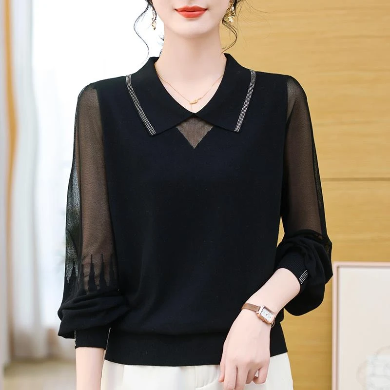 春秋新款冰丝镶钻t恤雪纺袖女时尚洋气娃娃polo领宽松针织打底衫