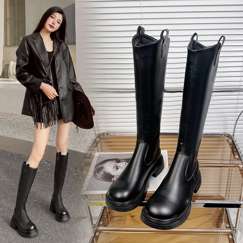 【福利特惠】骑士靴女秋冬加绒高筒靴平底粗腿长筒靴子