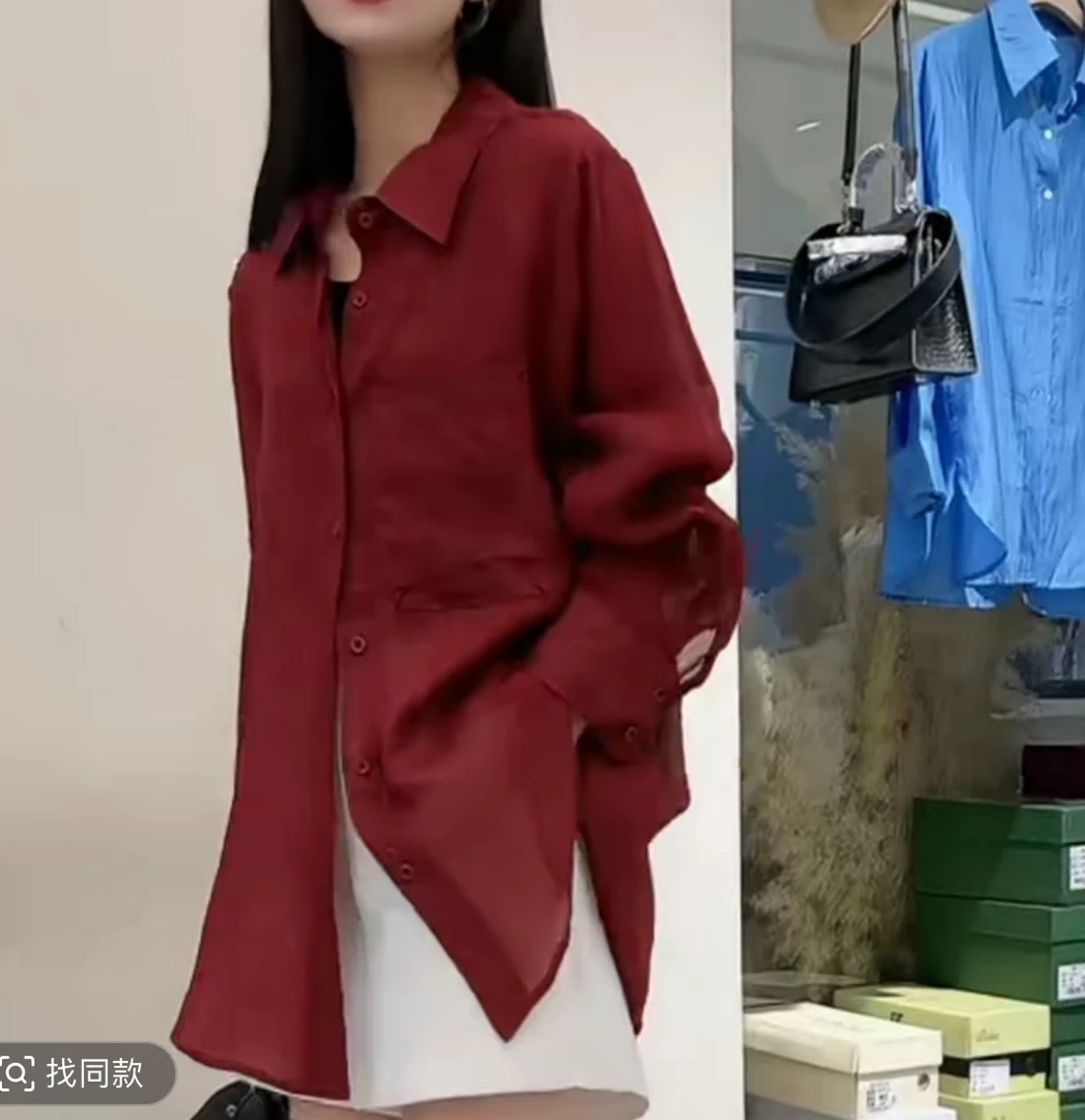 825巨显白舒适侧口袋红色麻衬衣611