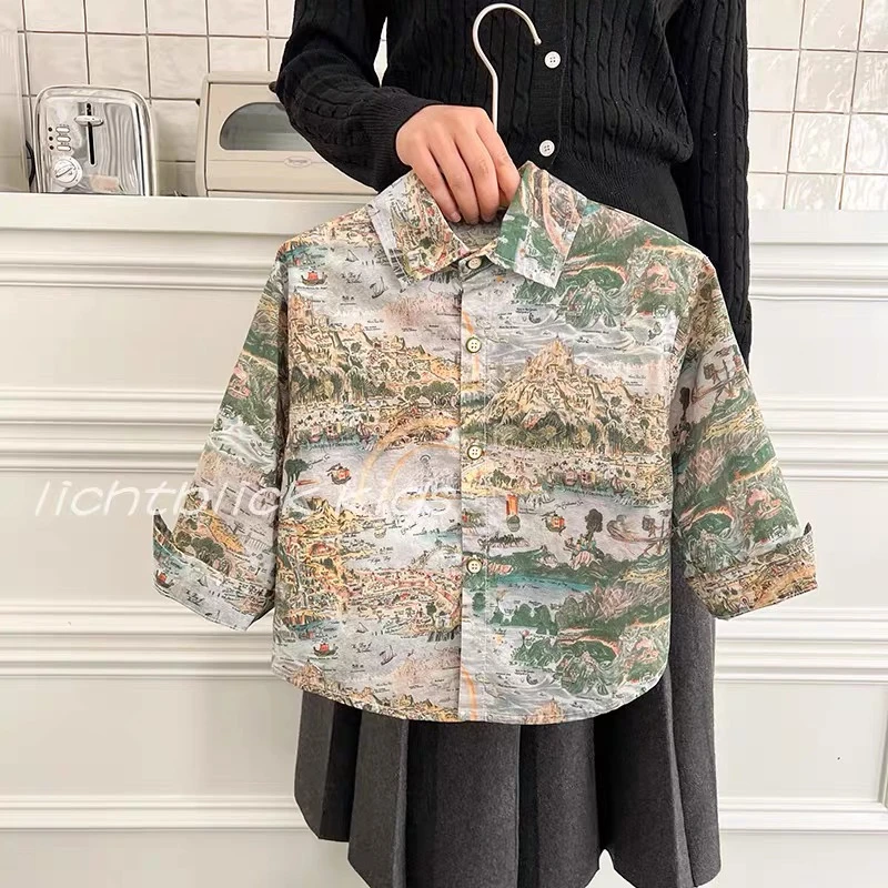 2585潮流洋气时尚春款男女童水墨画衬衫