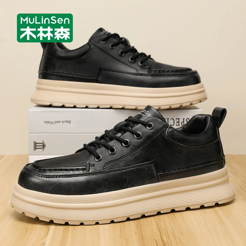 木林森男鞋休闲鞋2025新款秋季皮鞋男工作英伦黑色耐脏软底板鞋男