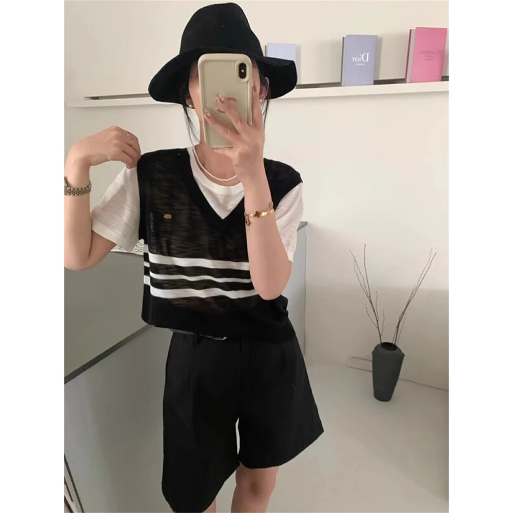 撞色条纹v领针织衫女夏季宽松显瘦外搭叠穿薄款假两件设计感上衣