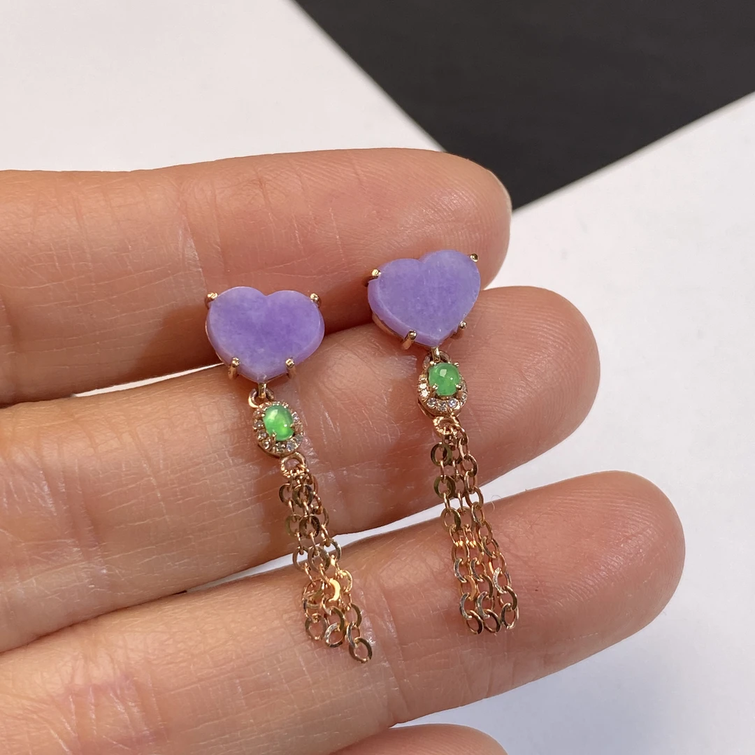 18k镶钻紫罗兰心形翡翠耳钉 种老色好 冰透水润 上身精致