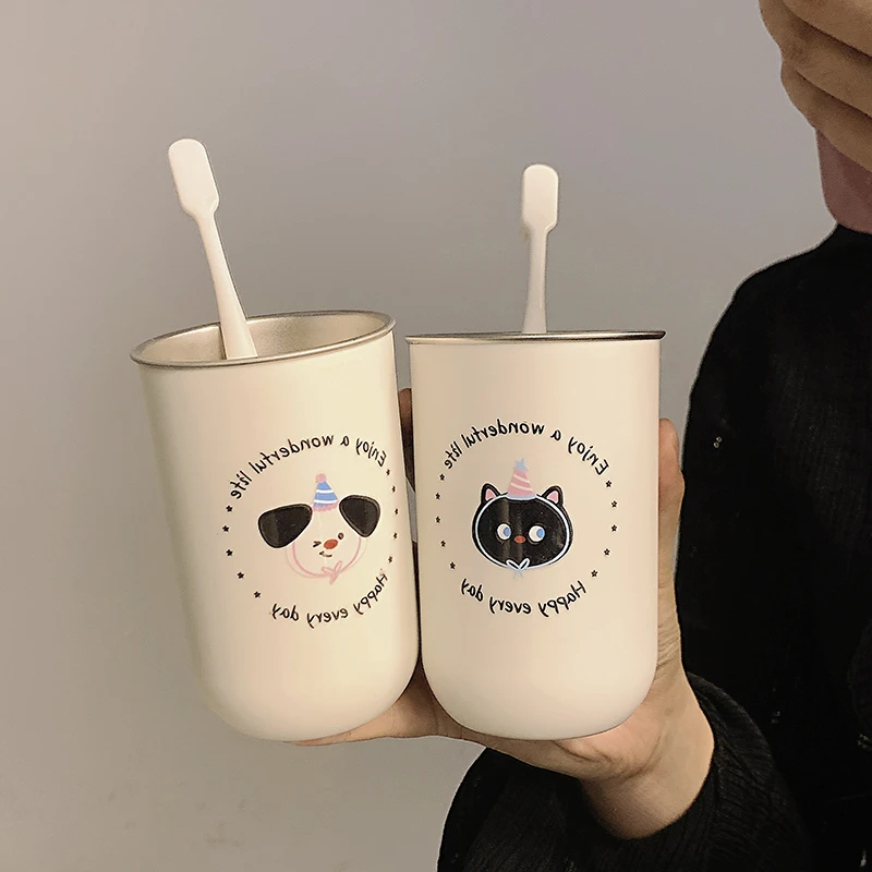 不锈钢简约小猫高颜值刷牙杯卡通可爱情侣漱口杯洗漱杯创意牙刷杯