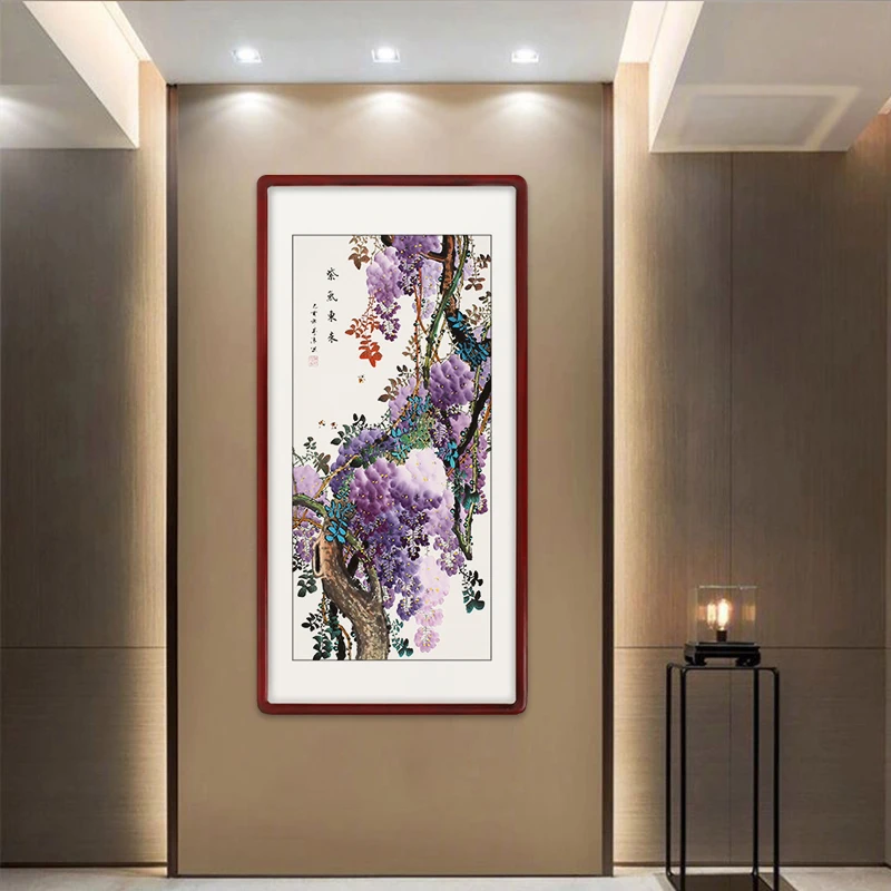 国画纯手绘紫藤花挂画紫气东来玄关装饰画吉祥花卉走廊过道壁画
