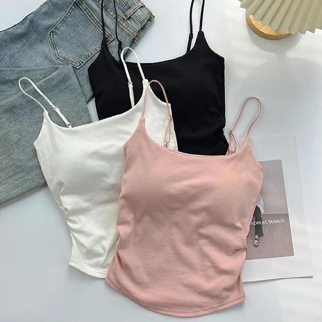 新款甜辣纯欲褶皱吊带背心女外穿修身打底夏季带胸垫美背抹胸上衣