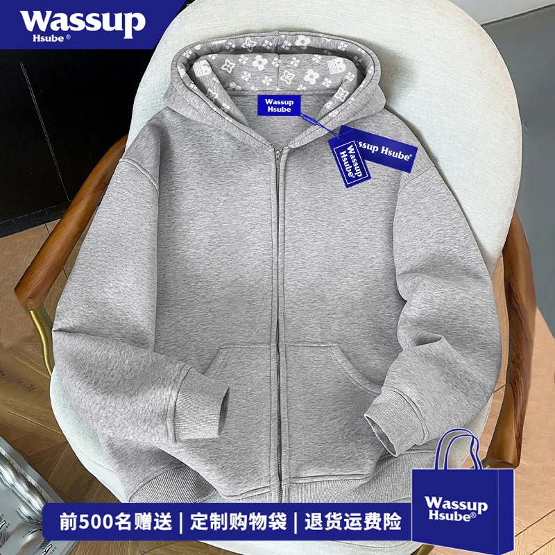WASSUP HSUBE 秋冬休闲纯色设计感拉链外套美式开衫连帽卫衣男女