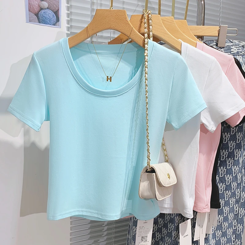 低领蓝色短袖t恤女夏2025新款韩版百搭半袖修身显瘦正肩短款上衣