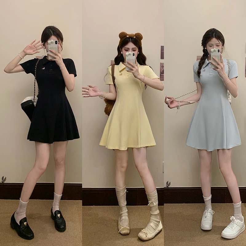 2025新款夏装胖mm大码女休闲设计感polo领收腰显瘦连衣裙22012