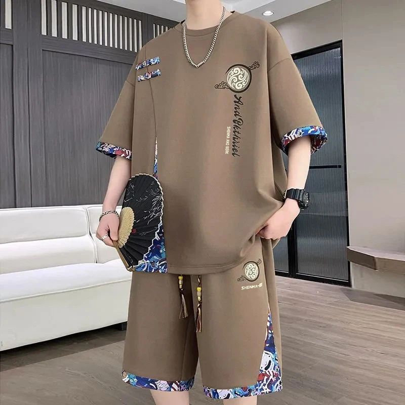 新中式国风短袖t恤男夏季七分袖休闲运动套装男生穿搭配短裤一套