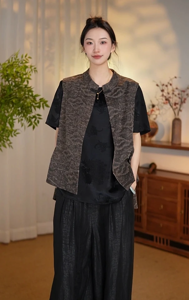 【祥云】聽扇.桑蚕丝绢纺香云纱中式国风马甲女款外穿中国风