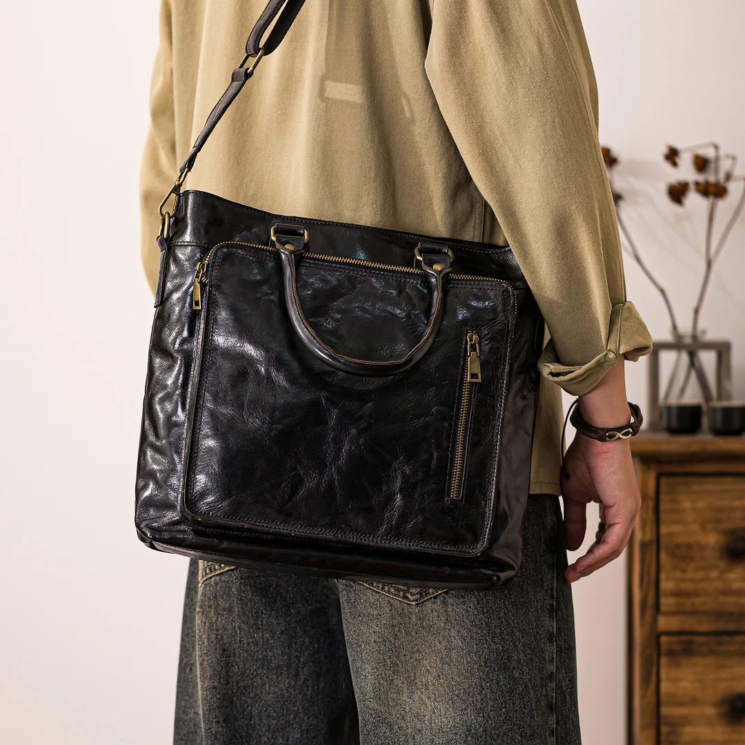 后步原创高端男士真皮手提包大容量公文包单肩斜挎包文件电脑包潮