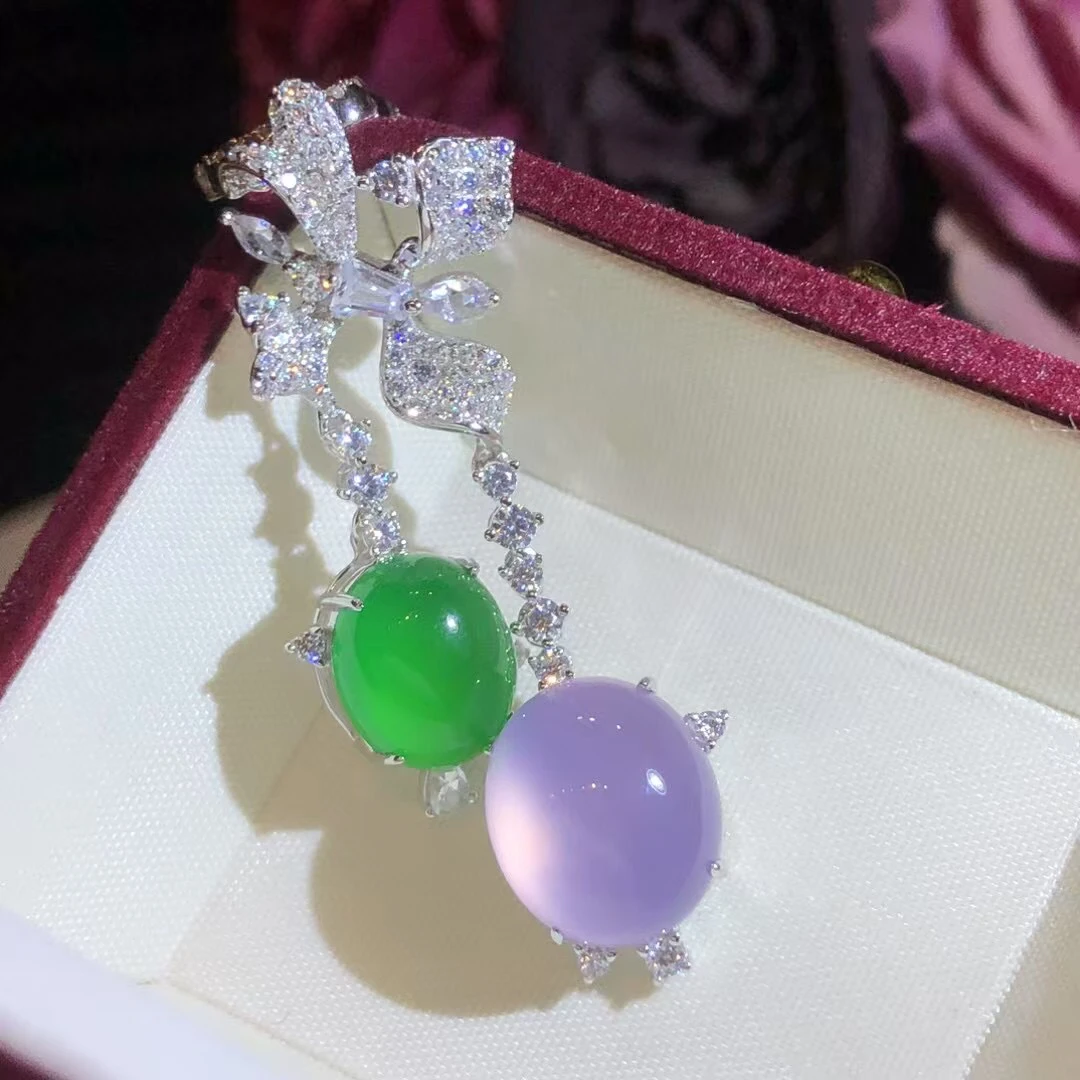 s925银饰精美镶嵌玉髓紫绿双蛋面流苏款女士坠链小众珠宝玉石吊坠