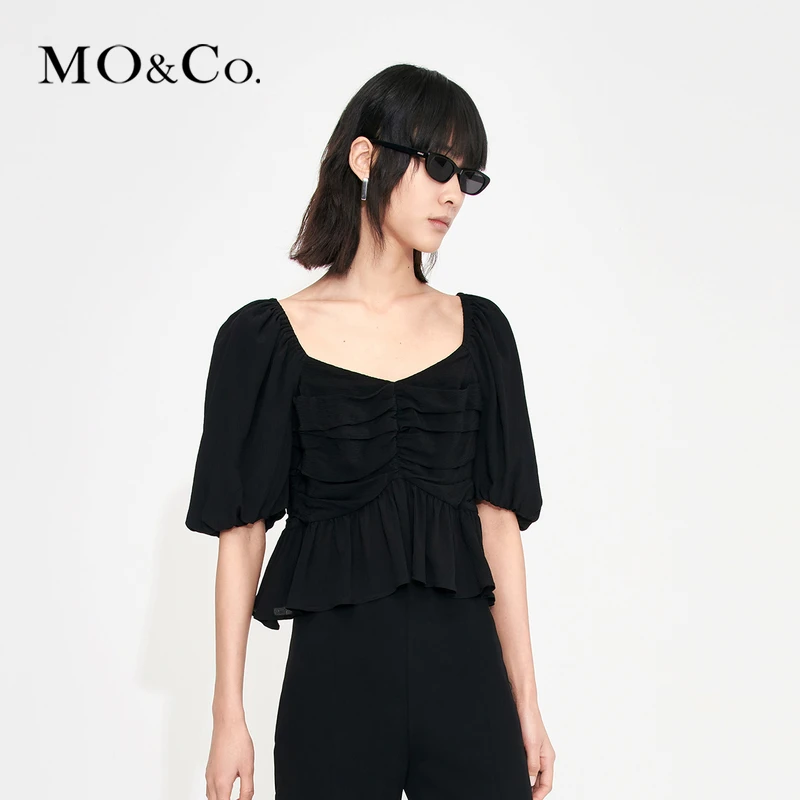 【达播用链接】MOCO夏大方领泡泡袖捏褶立裁桑蚕丝衬衫MBC2TOPT05