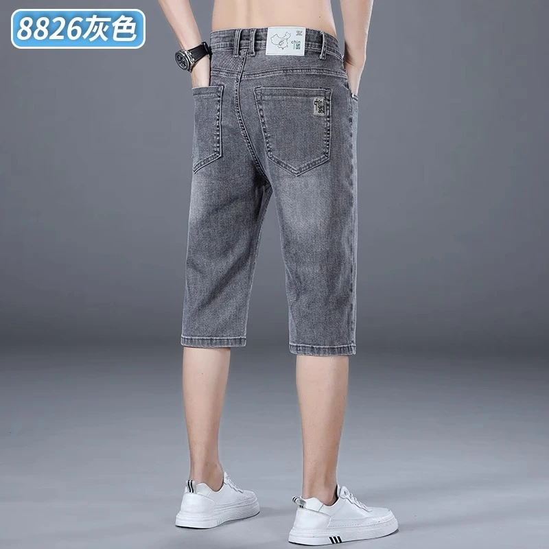 夏季薄款牛仔短裤男士弹力宽松五分七分裤中裤烟灰男士七分裤夏季
