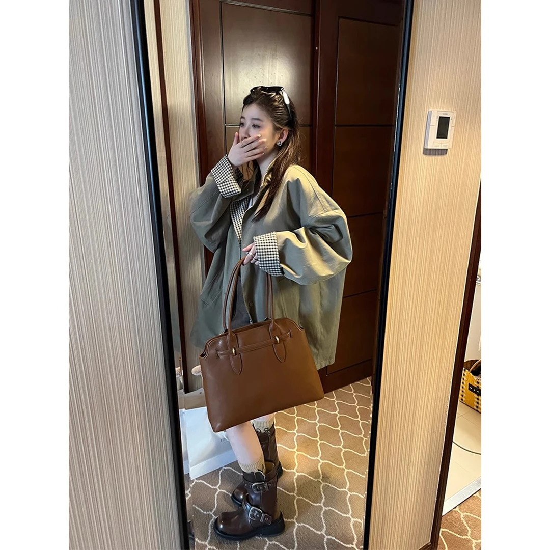 林木木家 春秋季双面可穿黑白格两面穿外衣高品宽松慵懒风衣外套