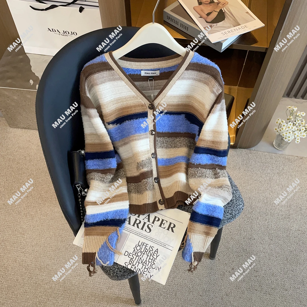 复古休闲撞色条纹针织开衫新款气质百搭显瘦上衣MAU1989