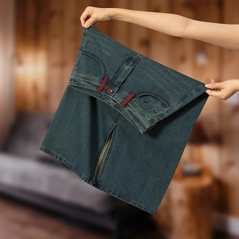 春夏新款撞色半身牛仔裙女开叉高腰A字版宽松百搭复古直筒中长款