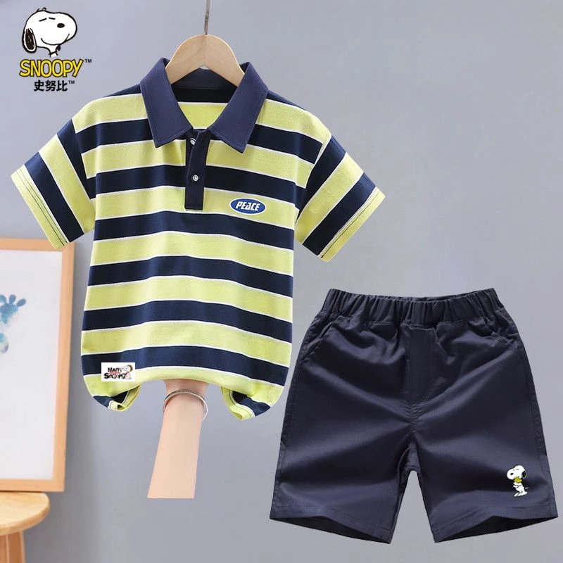 史努比男童纯棉套装夏装2025新款洋气中大童男孩条纹polo衫两件套