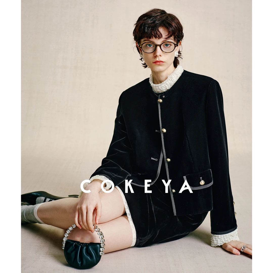 COKEYA/“黑天鹅”~日本琎口铜氨丝绒多层蕾丝拼接外套连衣裙套装