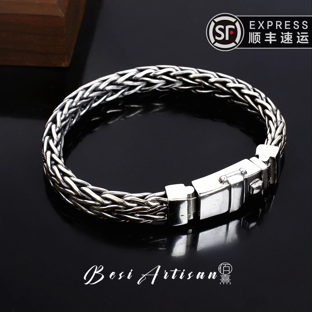 925银手链 手工编织麻绳宽版龙骨麦穗男士手链时尚简约百搭潮流环