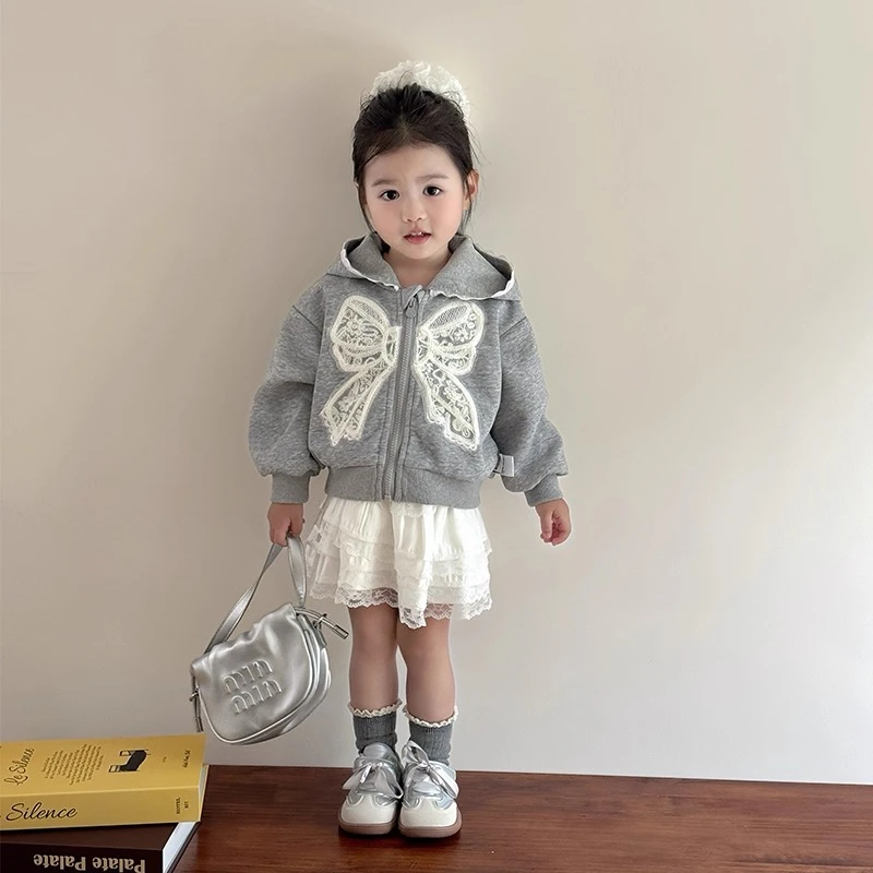 女童外套春秋款2025新款秋季女宝宝高颜值蝴蝶结上衣小童连帽上衣