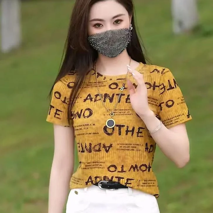 轻职风印花字母圆领包袖时尚T恤夏装修身显瘦休闲短款