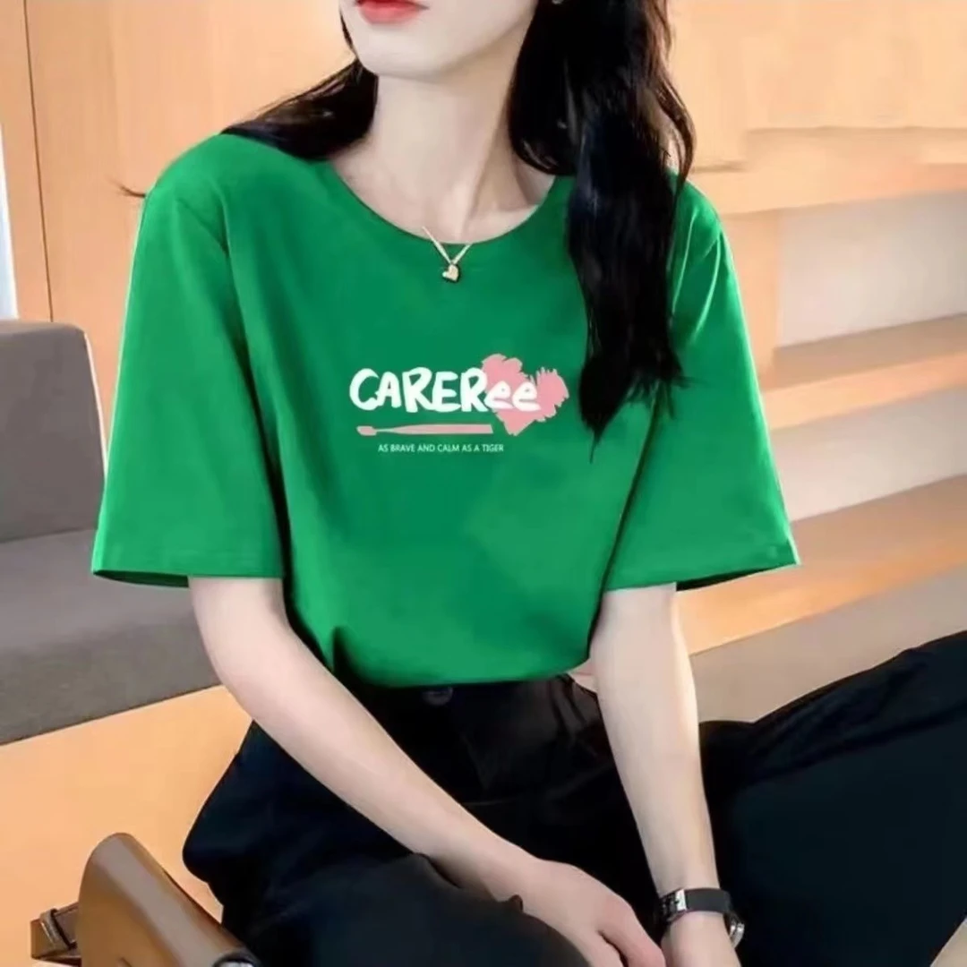 新款夏季爆款纯棉女士短袖T恤高档显瘦遮肉圆领短袖糖果色