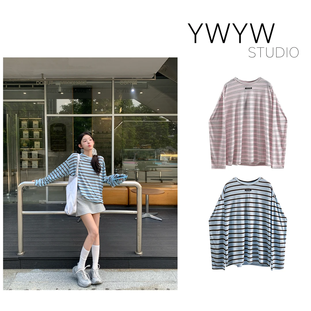 【YWYW25S/S】夏季美式百搭ins风拼接条纹宽松圆领休闲体恤5232