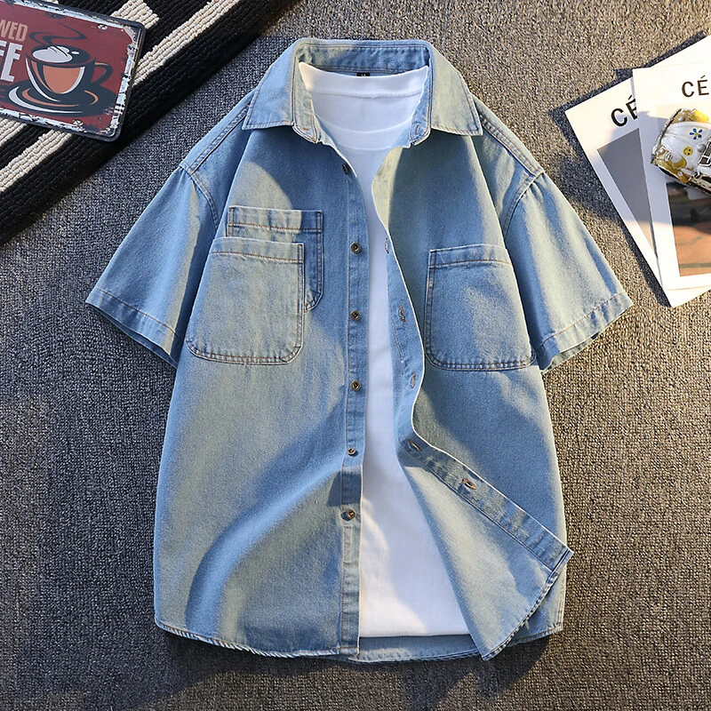 夏季牛仔衬衫男短袖青少年高中学生休闲衬衣男装上衣牛仔衣外套潮