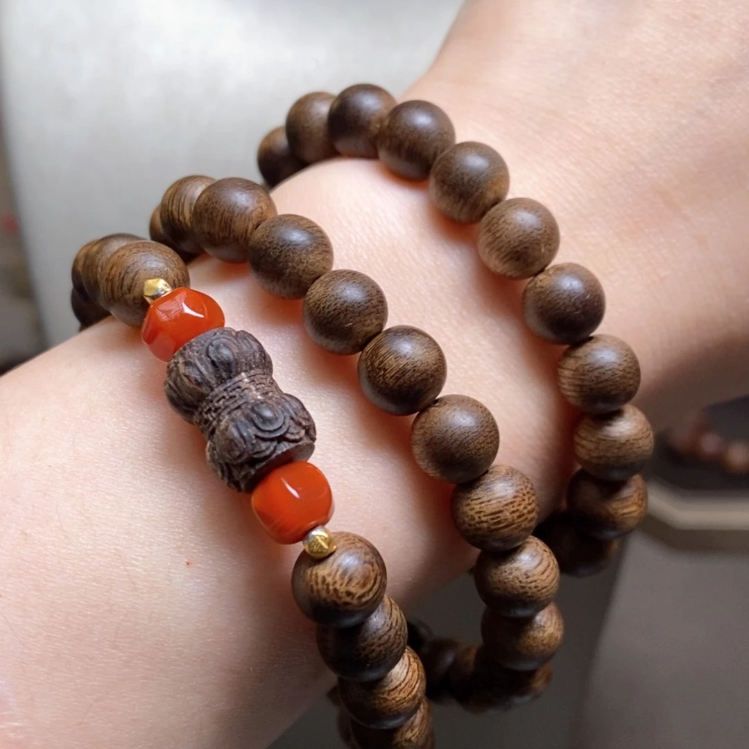 沉香手串越南芽庄白棋楠天花板0.8+莲花沉香木雕配饰