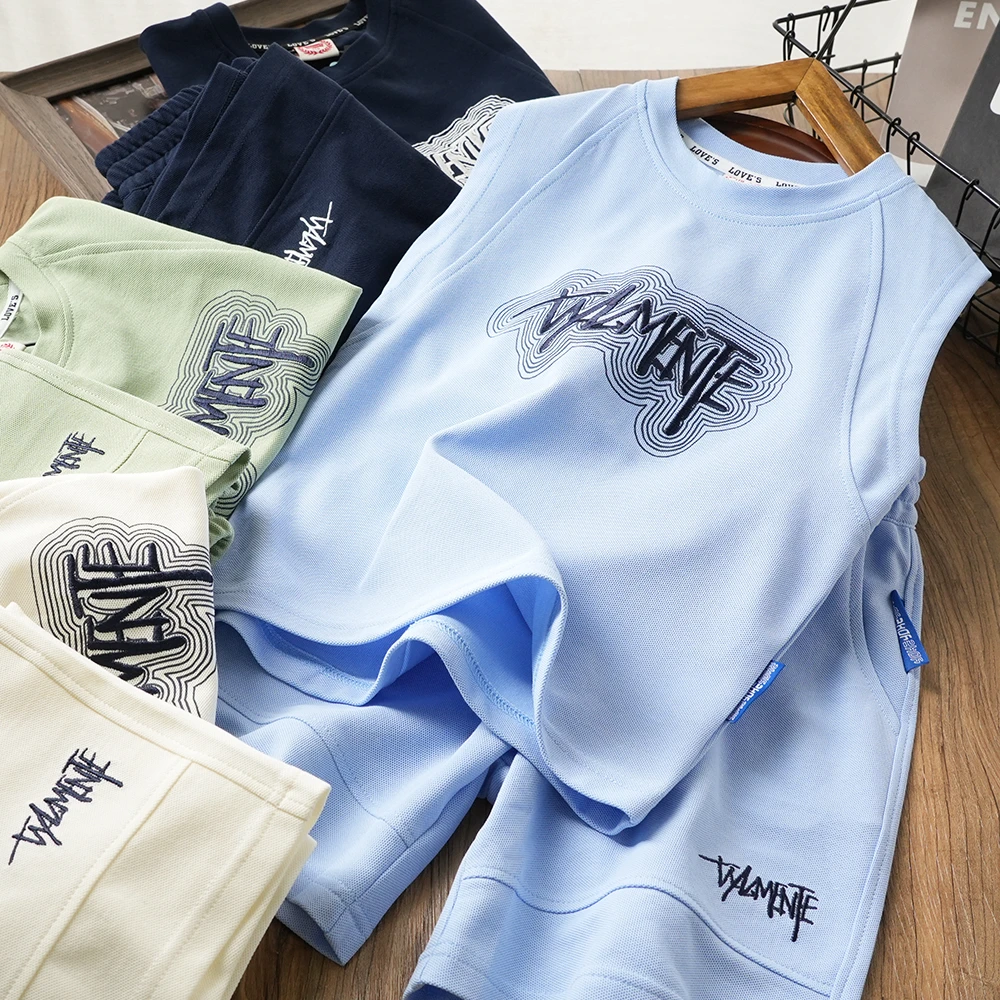 拼接字母刺绣男童夏季背心套装中大童百搭两件套无袖S1024