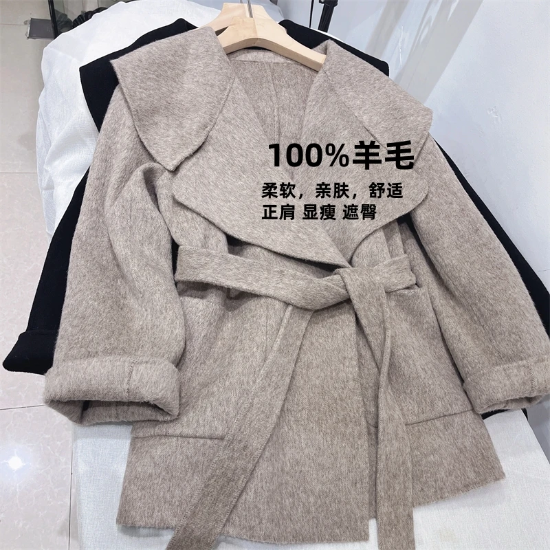 8865~`100%澳毛大翻领双面羊毛大衣女韩版收腰系带百搭毛呢外套