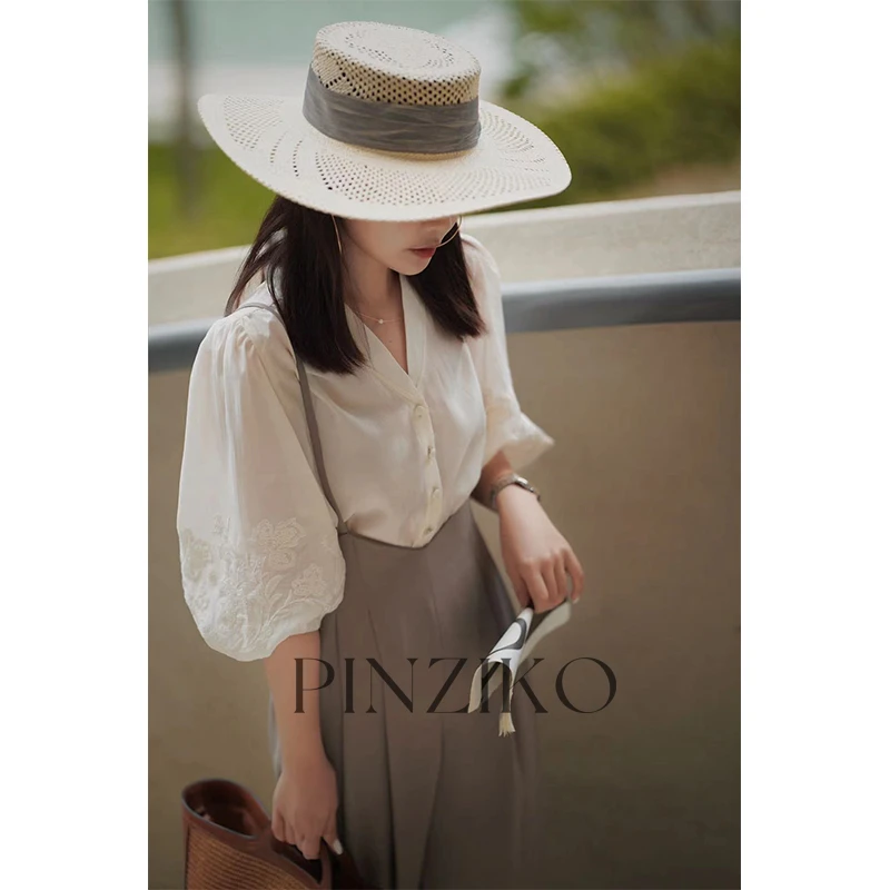 【PINZIKO女装】潘多拉~重工轻奢设计法式优雅遮肉刺绣衬衫 TJA258