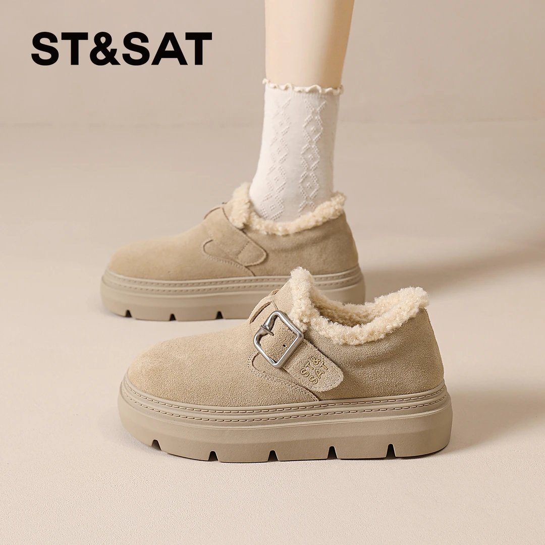 星期六真皮厚底勃肯鞋女2025新款冬季女鞋加厚加绒雪地靴防滑棉鞋