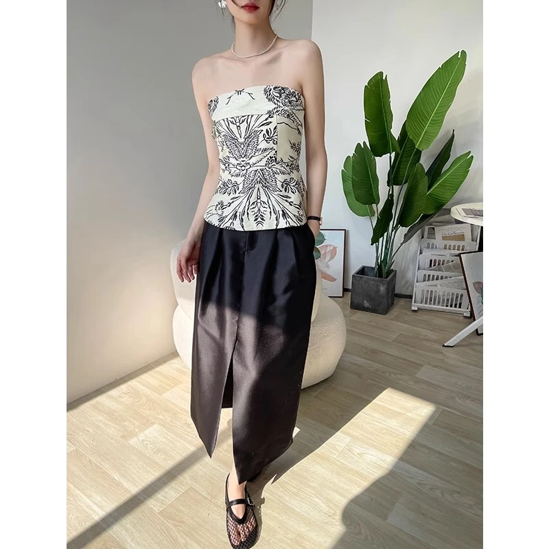 夏天套装女2025新款印花抹胸吊带背心上衣缎面开叉半身裙子两件套