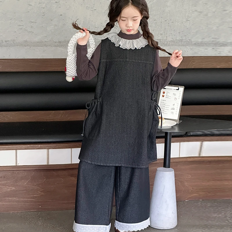 女童牛仔套装2025新款女大童洋气时髦儿童秋花边牛仔打底衫三件套