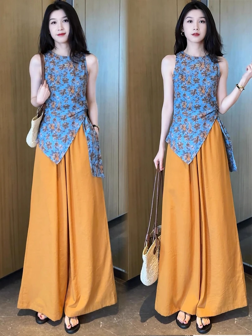 时尚套装女夏季新款洋气减龄显瘦不规则碎花无袖上衣阔腿裤两件套